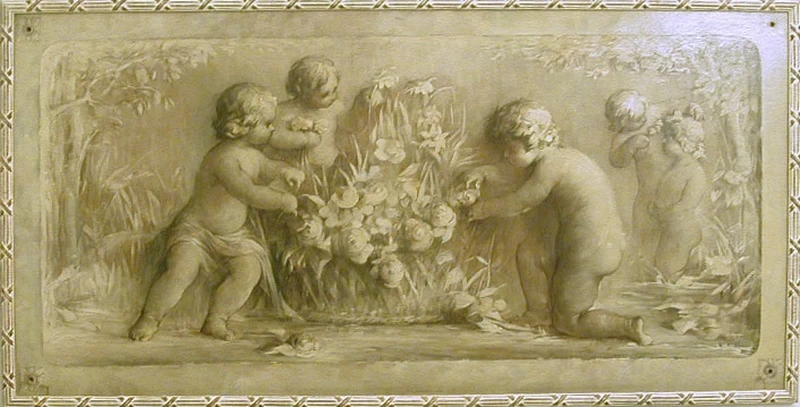Grisaglia di putti che giocano con i fiori in uno stagno